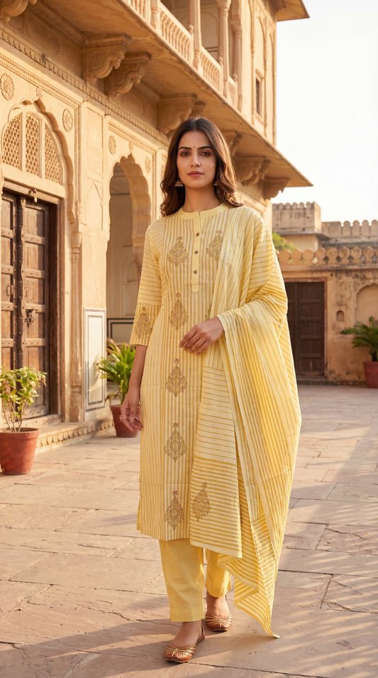 Yellow Striped Embroidered Kurta Set