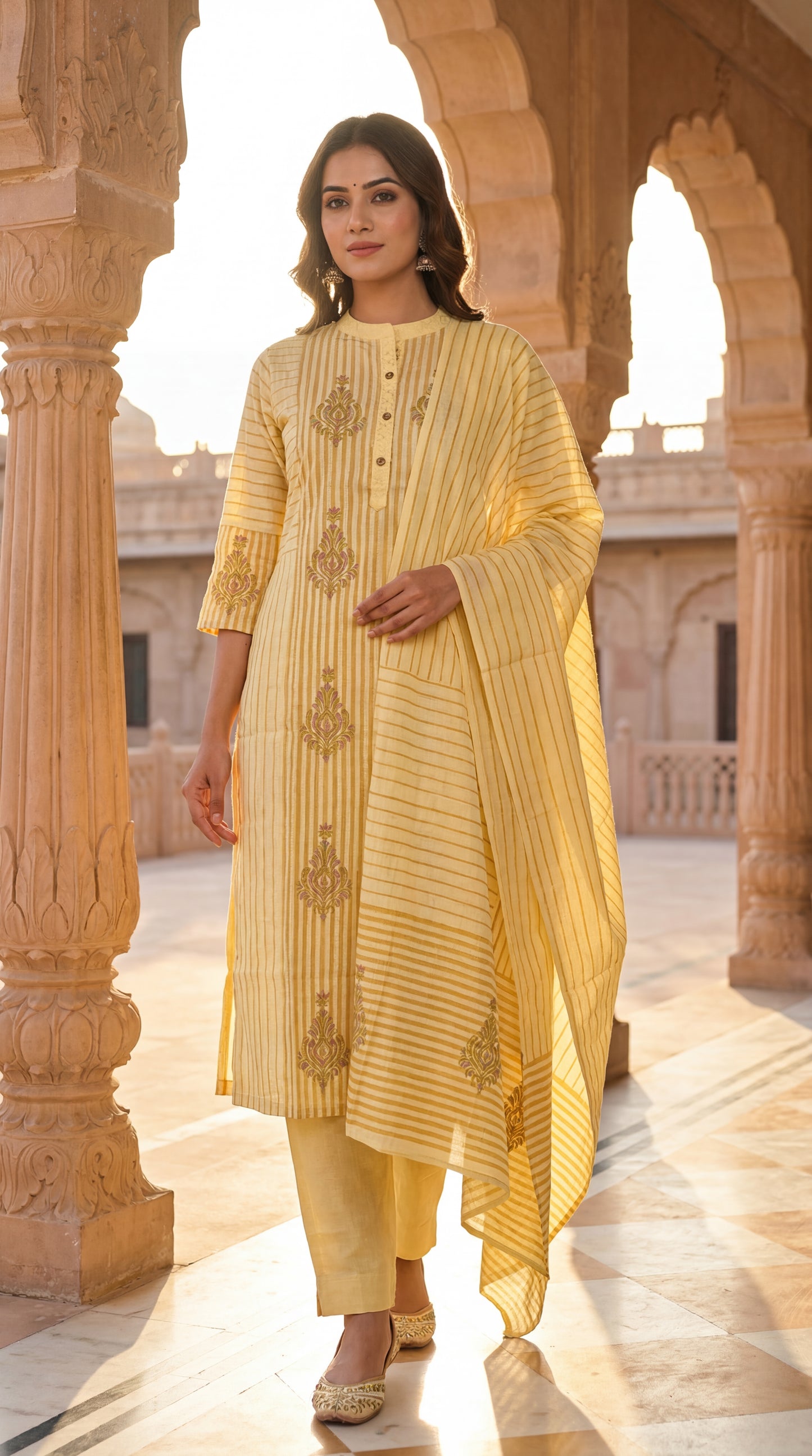 Yellow Striped Embroidered Kurta Set