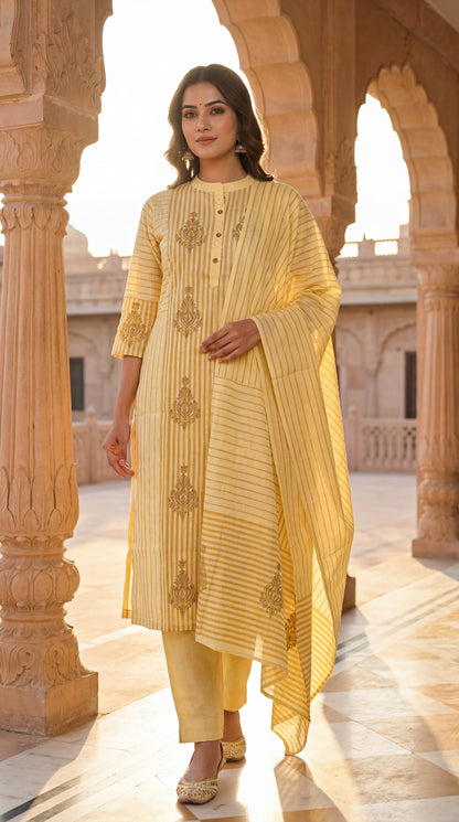 Yellow Striped Embroidered Kurta Set