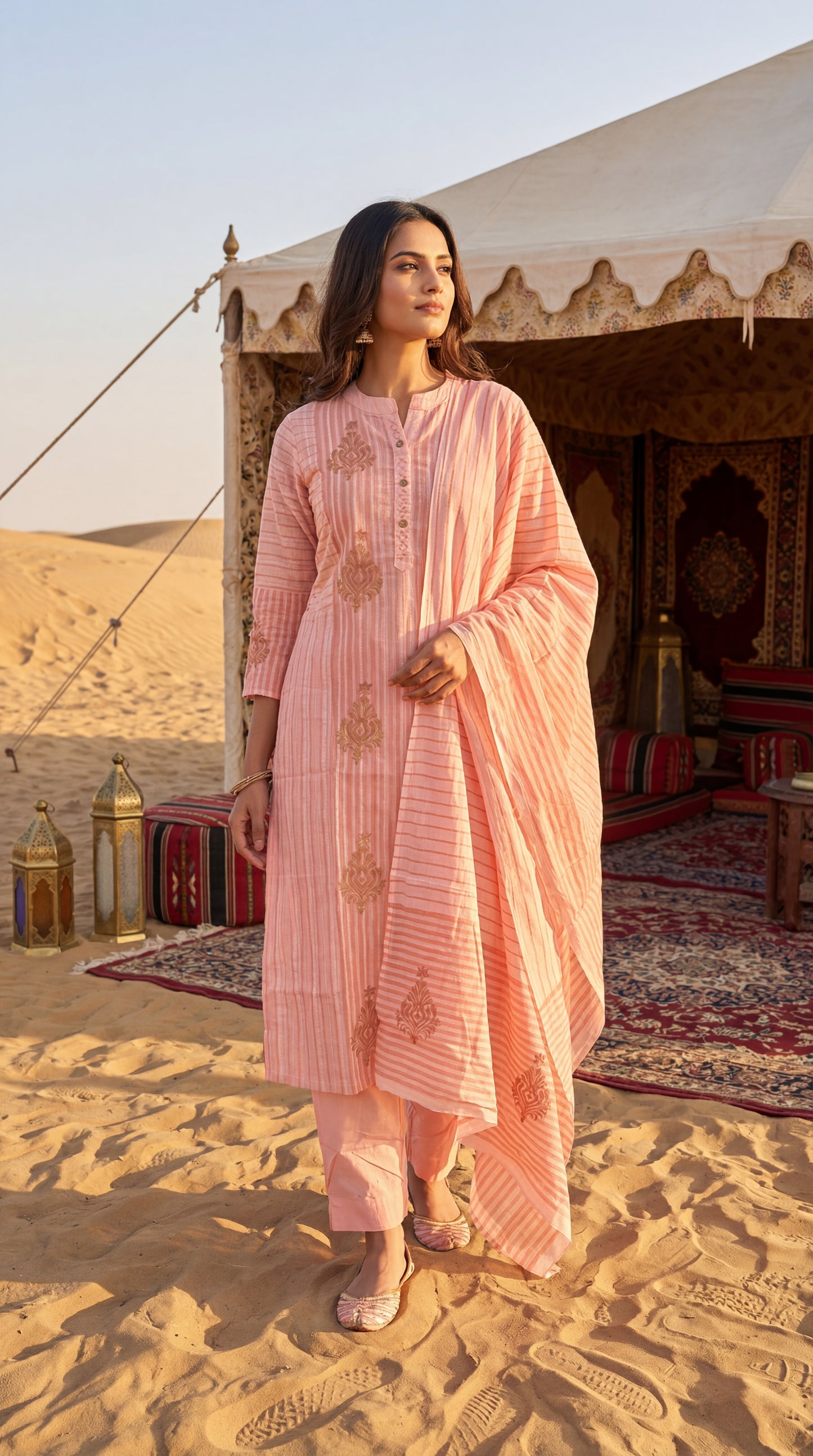 Pink Striped Embroidered Kurta Set