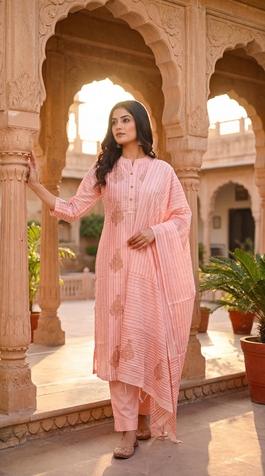 Pink Striped Embroidered Kurta Set