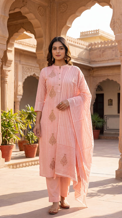 Pink Striped Embroidered Kurta Set