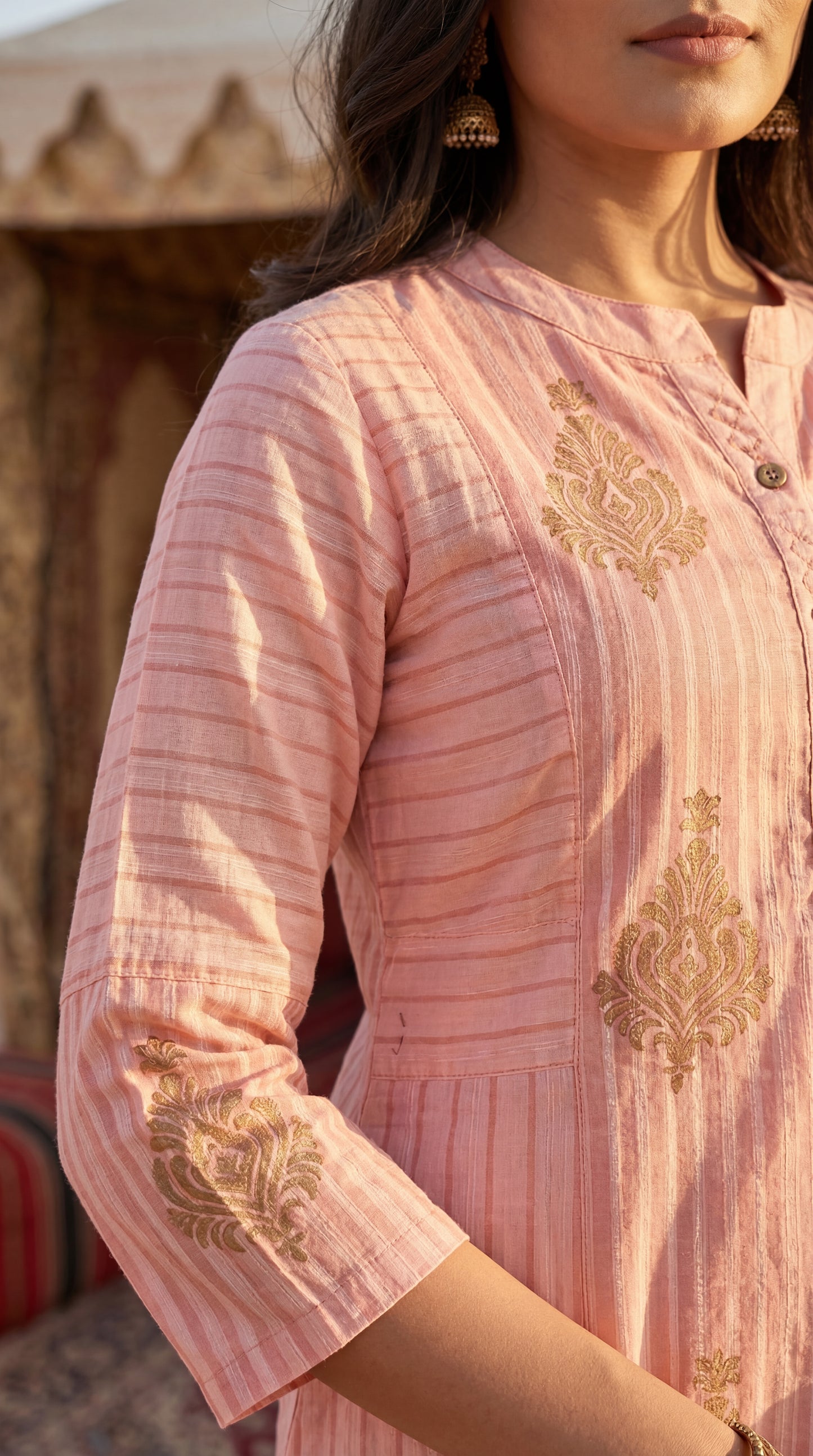 Pink Striped Embroidered Kurta Set