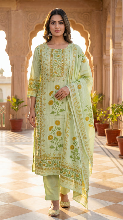 Mint Botanical Printed Kurta Set