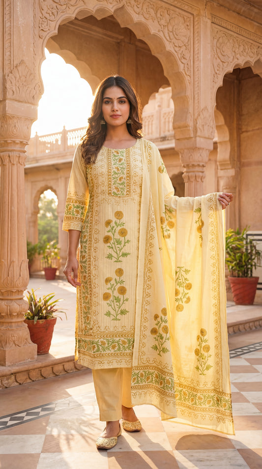 Yellow Floral Printed Kurta Set