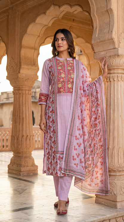 Pink Petal Block Print Kurta Set