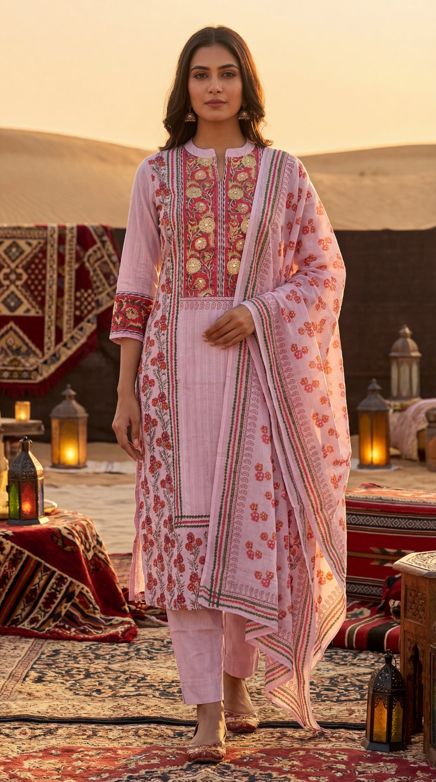Pink Petal Block Print Kurta Set