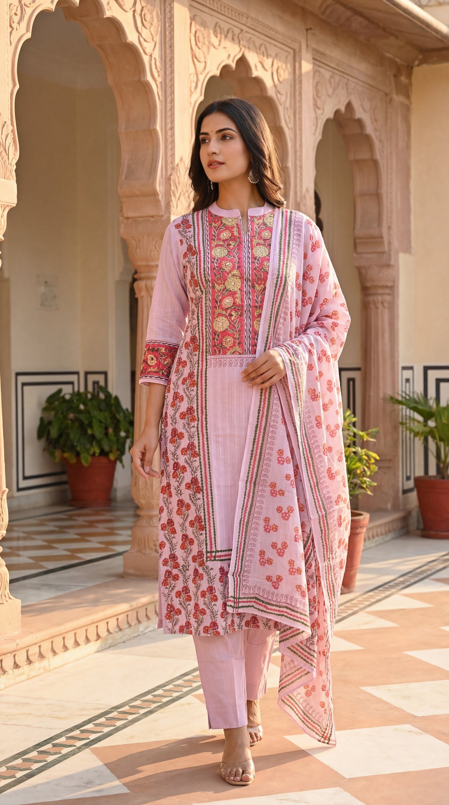 Pink Petal Block Print Kurta Set